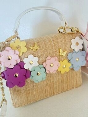 Betsey Johnson Straw Crossbody with Pastel Floral Appliqués Nwt